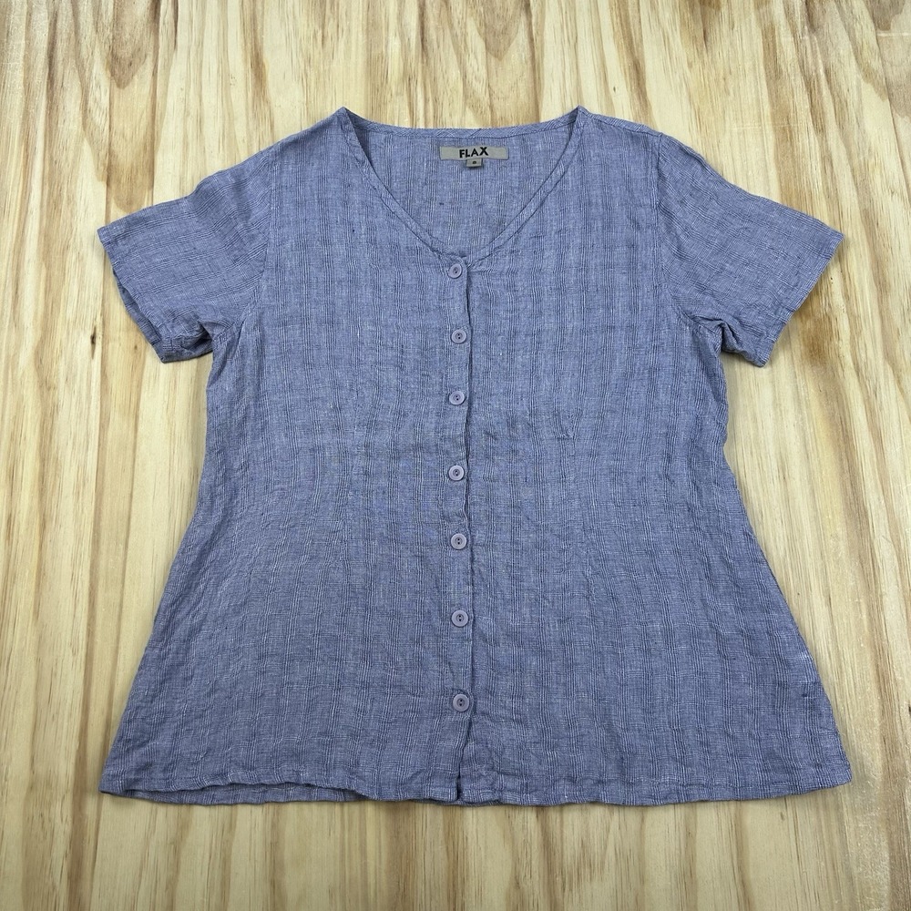 Flax Women's Short Sleeve Button Shirt Babydoll Purple Linen Small Oversized Flo